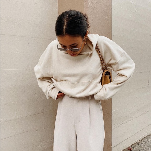 OAK + FORT Tops - OAK + FORT Cropped Beige Hoodie